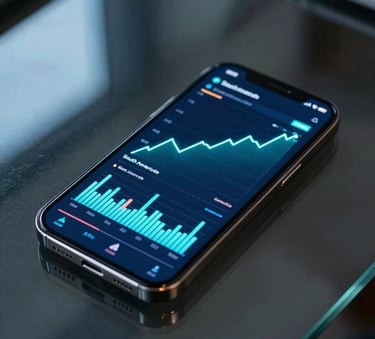 A close-up, high-angle shot of a sleek smartphone on a dark glass table in a modern office in São Paulo. The screen shows vibrant, upward-trending analytics charts with neon cyan highlights. The lighting is moody with soft blue reflections on the table surface, embodying a professional South American business atmosphere.