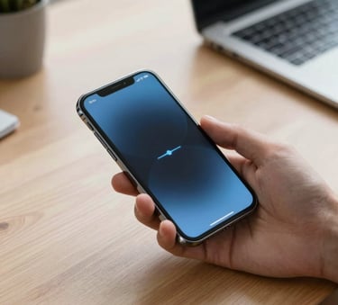 A clean, high-angle shot of a hand holding a modern smartphone over a wooden desk in a bright North American office. The screen shows a sleek, user-friendly app interface with steel blue highlights, emphasizing modern innovation.