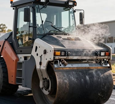Close-up of a heavy-duty road roller on fresh dark charcoal asphalt, steam rising in the morning sun, professional industrial photography in a North American / US setting.