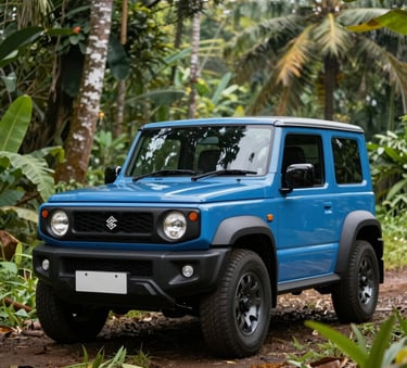 A bright Blue Suzuki Jimny parked in a lush, tropical Indonesian forest setting. Soft natural lighting, professional outdoor photography, highlighting the vehicle's rugged design.