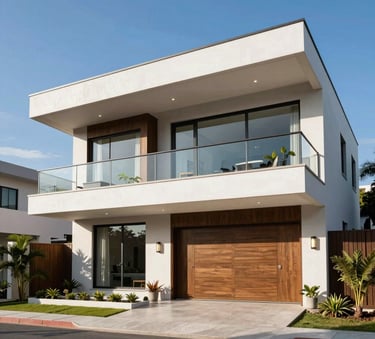 Modern architectural luxury home in a Colombian suburb, bright blue sky, high-quality real estate photography representing mortgage success, elegant and prestigious.