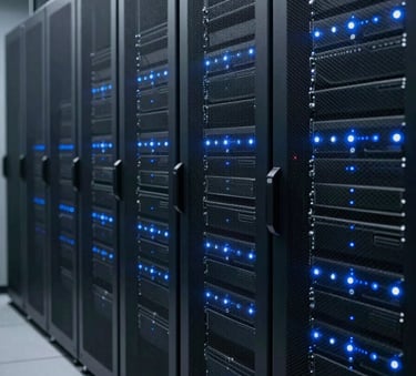 A sophisticated server room in a North American data center with rows of sleek server racks, illuminated by soft blue indicator lights, conveying technical proficiency and security.