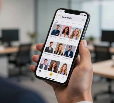 A close-up of a high-end smartphone displaying a vibrant social media feed, held by a professional in a deep charcoal blue suit in a modern office.