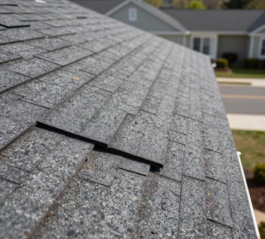 A close-up of a high-quality residential roof installation showing new architectural shingles being perfectly aligned, bright daylight, North American / US.