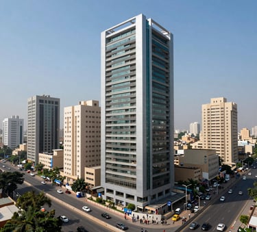 A massive, high-impact outdoor hoarding overlooking a bustling multi-lane highway in a modern South Asian city, bright daylight, steel blue sky, sharp architectural details.