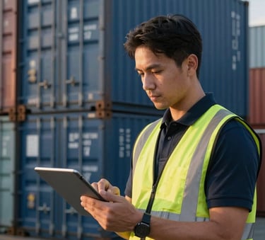 A professional logistics coordinator using a digital tablet in front of stacked blue shipping containers at a port, evening light, Global / International.