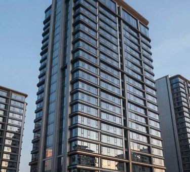 A high-end architectural photograph of a luxury real estate development in a Global / International metropolitan area. The building features modern glass facades reflecting a Teal Slate sky during the blue hour.
