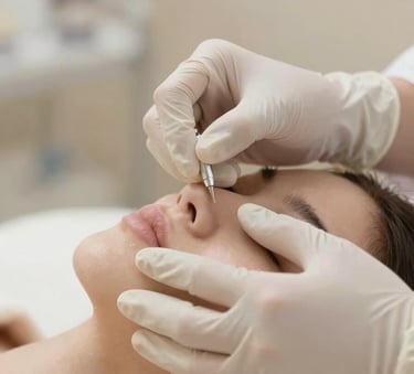A macro shot of a gentle aesthetic procedure being performed by a professional in white gloves. Soft focus, elegant composition, with a color palette of cream and tan (#F9F4ED, #9E8C78).