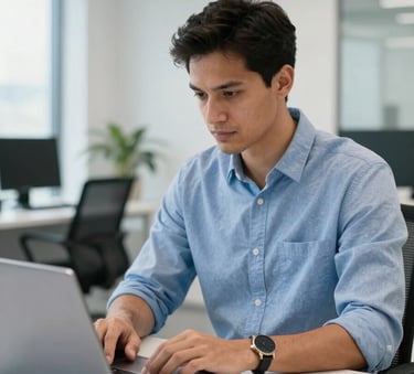 A professional IT specialist in a clean, modern Sul-Americano / Brasileiro office environment, focused on repairing a high-end laptop. The scene is bright with blue and white accents.