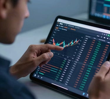 A close-up of a Latin American professional analyzing real-time cryptocurrency market data on a high-resolution tablet, soft blue ambient lighting, modern technology aesthetic, professional focus.