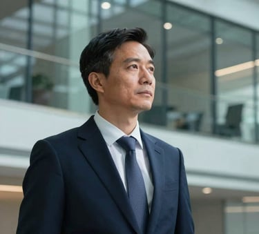 A professional technology consultant in a dark navy blue suit looking thoughtfully at a modern glass-walled office background with steel blue lighting.