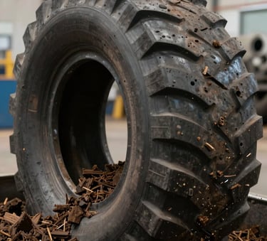 Clean, industrial close-up of recycled tire rubber processed into uniform mulch in a North American facility, professional business lighting.