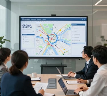 A professional corporate team in a modern glass-walled boardroom discussing operations over a large digital screen displaying logistics maps, navy blue and soft off-white professional tones.