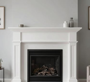 A bright, clean North American living room featuring a well-maintained modern fireplace with a white mantel, professionally lit to emphasize a safe and cozy atmosphere, using a palette of silver and soft grey.