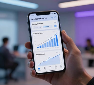 A close-up of a high-end smartphone being held in a modern North American office, displaying a sleek social media analytics dashboard with growth charts, soft indigo and purple ambient lighting in the background.