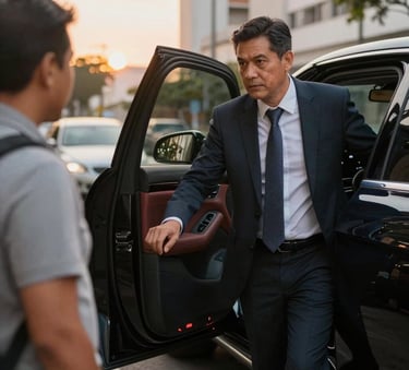 A professional driver in a dark suit opening the rear door of a luxury car for a passenger. South American / Brazilian urban setting, golden hour lighting creating a warm and trustworthy atmosphere.