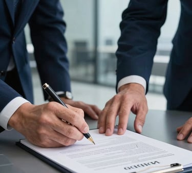A close-up of a professional trade contract being signed in a modern glass-walled office, soft navy blue and slate blue tones, International Corporate Business setting.