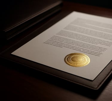 Close-up of high-quality, professional business contracts and leather-bound folders on a dark mahogany table. Sharp focus on a muted gold seal on the documents. Lighting is dramatic and sophisticated, reinforcing a sense of authority and light luxury.