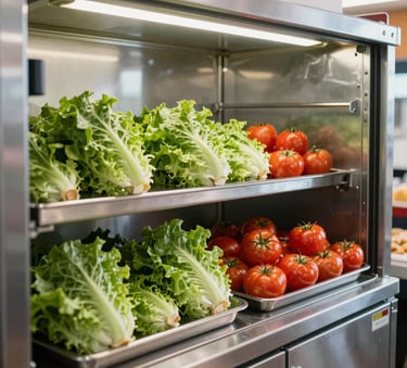 A professional and clean interior of a modern mobile kitchen in a South American / Brazilian setting, showcasing organized fresh ingredients like green lettuce and red tomatoes on stainless steel surfaces, natural bright lighting.