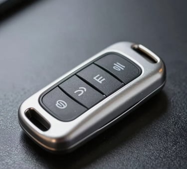 Macro photography of a sleek, modern silver car key with transponder buttons resting on a dark polished surface, professional lighting highlighting the textures.