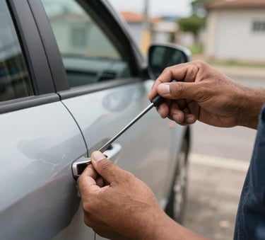 A close-up photograph of a professional locksmith's hands using a specialized pick tool to carefully open a modern car door, South American / Brazilian residential street context, natural daylight, professional and clean style.