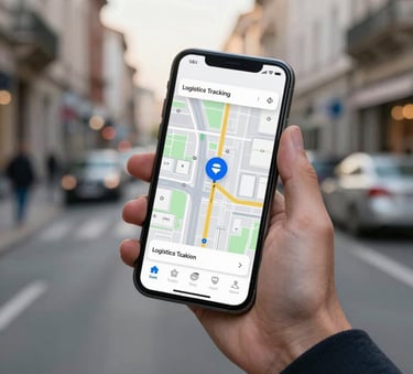 A close-up of a person's hand holding a modern smartphone in a Western European city setting. The screen displays a logistics tracking map with a delivery icon moving through streets. Soft morning light, professional attire.