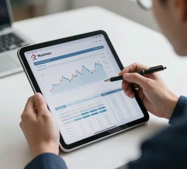 Photography of a professional person's hands holding a tablet showing financial growth charts and credit report details in a bright North American office. Silver and Navy tones.
