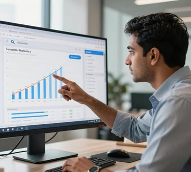A professional South Asian / Indian marketing specialist pointing at a large monitor showing search engine growth charts and data analytics in a sleek, modern office in Ahmedabad, professional attire, natural lighting.