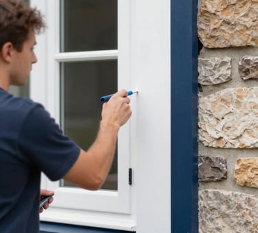 A close-up shot of professional painting work on a window frame, showing sharp, clean lines in white and navy (#0e1c2f) against a stone-colored house exterior. Soft daylight, professional finish.