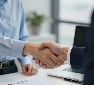 A close-up of a professional handshake between a consultant and a client in a bright, modern office in Istanbul. On the desk, there are official Turkish immigration documents and a pen. The scene uses colors like light blue and dark blue to convey professionalism and trust.