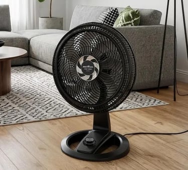 Black Britannia floor fan on wood floor in a modern living room interior.