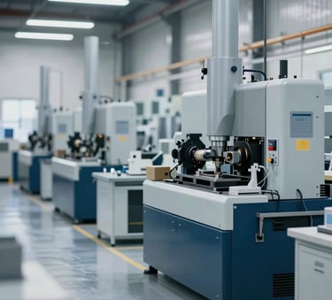 A wide shot of a modern, organized industrial workshop with heavy machinery, clean floors, and professional lighting, incorporating a palette of #1E3A4D and #F5F8FA to convey technical precision and reliability.