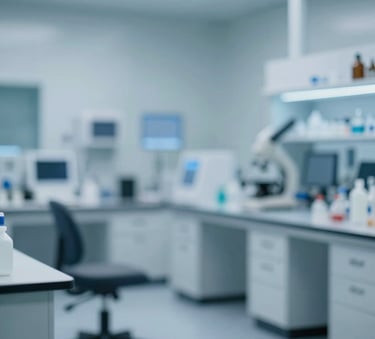 A sophisticated, high-tech laboratory or research facility with clean lines and soft lighting. The scene uses a palette of #2C576C and #E6F0F4 to convey innovation and dedicated progress. Professional and serene atmosphere.