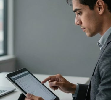 A close-up of a professional in a modern office in a Latin American city, using a digital tablet with technical data. Minimalist background with oxford grey tones.
