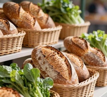 A close-up of a modern food market stall with artisanal breads in wicker baskets and fresh organic greens. Soft, natural morning light, Scandinavian design influence, sophisticated depth of field, featuring colors like #2E4D3E and #F5F0E1.