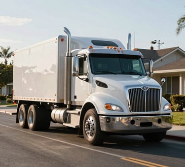A professional hauling truck parked neatly on a clean residential street in North American / US - Bay Area, California, under bright afternoon sunlight.