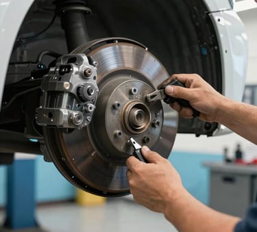 High-detail photography of a North American mechanic's hands using professional tools to adjust a car's brake system. The background is a clean, bright workshop setting with light blue and white color accents.