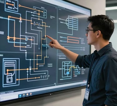 A professional in a high-tech office environment pointing at a large wall-mounted screen displaying complex electrical schematics and invention designs, professional atmosphere, Spanish / Global.