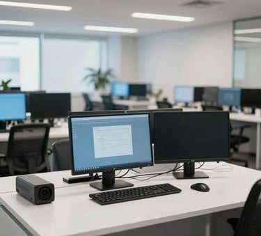 A wide-angle, clean photography of a modern, professional tele-service center in Brazil. The room is brightly lit with natural light, featuring ergonomic white desks and sleek dual-monitor setups. In the background, blurred office elements and soft blue accents reflect a sophisticated and efficient corporate environment.