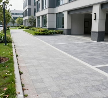 A professionally maintained landscape around a modern German corporate office. The scene features perfectly trimmed square hedges, clean stone walkways, and vibrant green grass under natural morning light. Muted Teal tones in the foliage and Dark Slate Blue shadows.