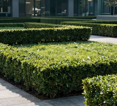 A professionally maintained landscape around a modern German corporate office. The scene features perfectly trimmed square hedges, clean stone walkways, and vibrant green grass under natural morning light. Muted Teal tones in the foliage and Dark Slate Blue shadows.