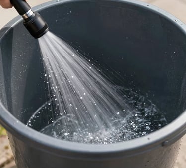 A close-up photograph of a clean, high-pressure water system spraying the inside of a dark charcoal gray trash bin. The mist is fine and sparkling against the dark plastic, conveying high-end sanitization in a North American suburban setting.