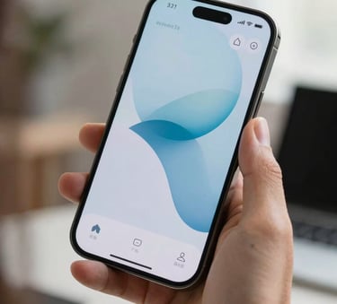 A close-up photograph of a sleek, modern smartphone displaying a vibrant interface, held by a person in a bright North American / US creative studio. The lighting is soft and natural, emphasizing the pale azure and cloud white tones of the brand mood. The composition is focused on the device and the user's hand.