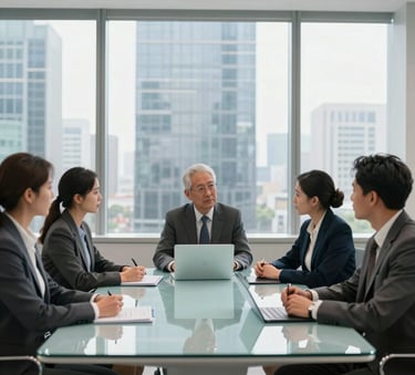 A professional business meeting in a bright, modern North American skyscraper office. Diverse professionals in sophisticated attire are engaged in a collaborative discussion around a glass table with light blue accents in the decor.