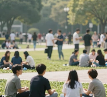 A community gathering in a clean, sunny public park where diverse groups of people are interacting respectfully. The focus is on a sense of peace and security. The scene includes green spaces in #A3B18A and urban features in #595959, reflecting a well-managed social environment.