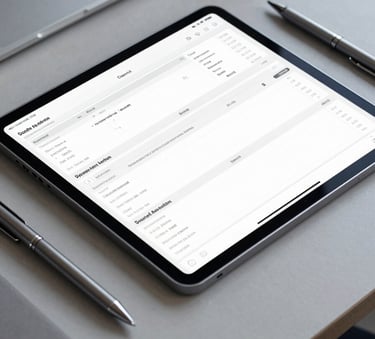 A close-up of a digital tablet showing financial spreadsheets and a sleek pen on a modern desk in a South American office. Professional lighting, minimalist style with navy blue and silver grey accents.