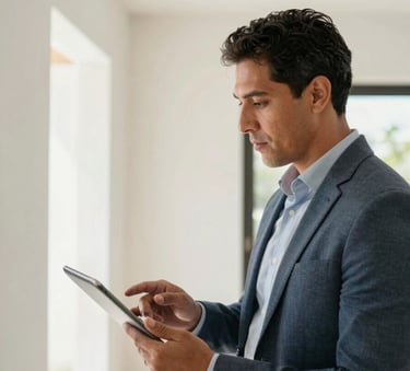 A professional Latin American male in business casual attire inspecting the interior of a modern residential property in Mexico. He is holding a digital tablet and looking at the architecture with focus. Bright, clean interior with natural light and off-white walls.