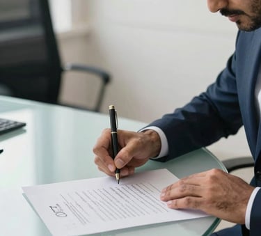 A close-up photograph of a professional signing documents on a clean, modern glass desk in a bright Middle Eastern / Gulf office. The scene is illuminated by natural light, featuring accents of dark blue and off-white in the workspace decor.