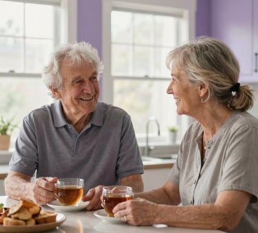A cozy North American / US kitchen where a friendly caregiver and a senior are sharing a pleasant conversation over tea, natural morning light, soft muted purple accents in the decor.