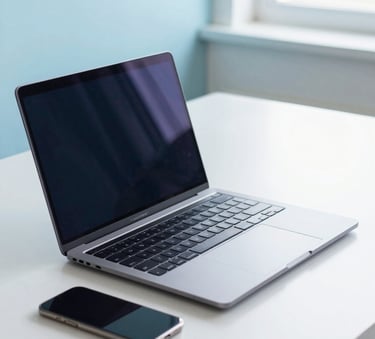 A clean, minimalist North American office desk featuring a high-end laptop and a smartphone. The composition is bright with natural light from a window, emphasizing professional efficiency and innovation. The color palette includes shades of navy blue and soft cyan.